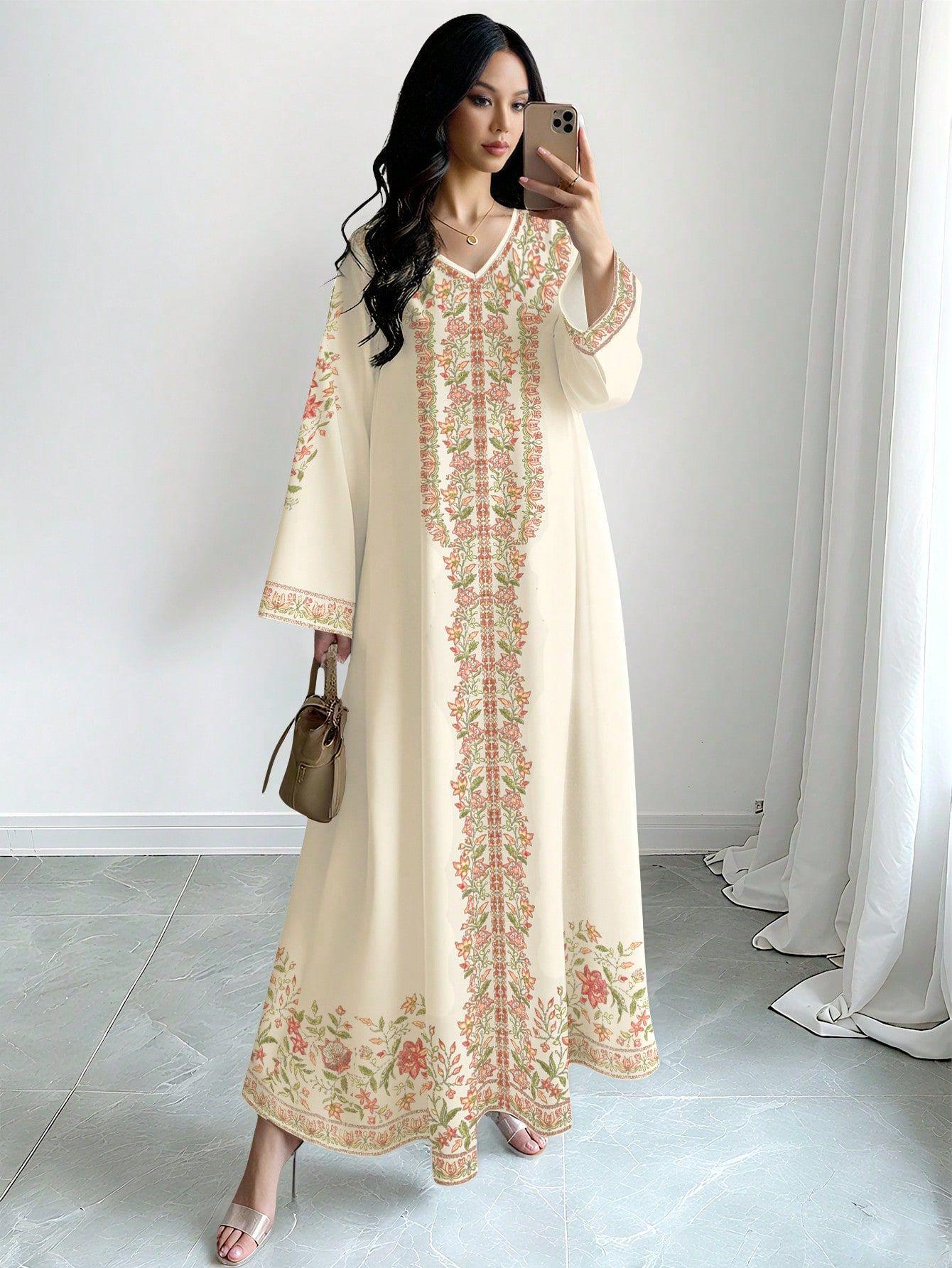 2026 Frühling/Herbst Damen Blumendruck Muslimisch Lässig V-Ausschnitt Locker Glockenärmel Langes Kleid XL-Large apricot