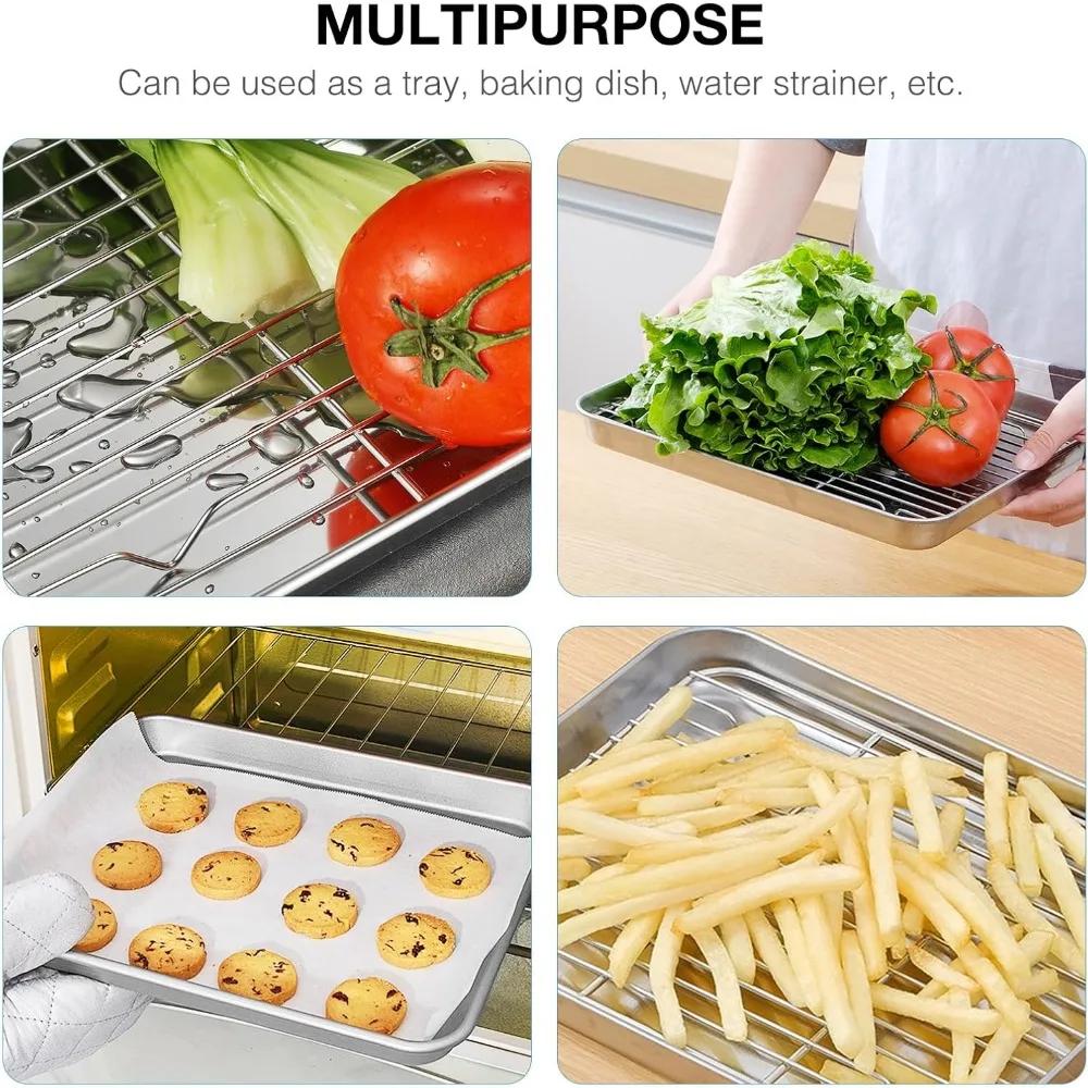 1 Set of Stainless Steel Baking Tray and Net Tray Set Biscuit with Cooling Rack Toaster Oven Tray Accessory 23*17.5cm