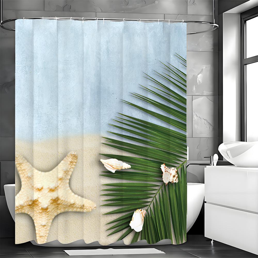 Ocean Shell Starfish Palm Leaf Shower Curtain, Bathroom Decorative Shower Curtain, Waterproof Shower Curtain with Hooks