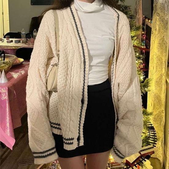 

Yousheng Женский свитер с полосатой строчкой, осенне-зимнее пальто с V-образным вырезом и длинными рукавами, однобортная верхняя одежда со звездным принтом и перекрученной текстурой, трикотажное пальто L красный