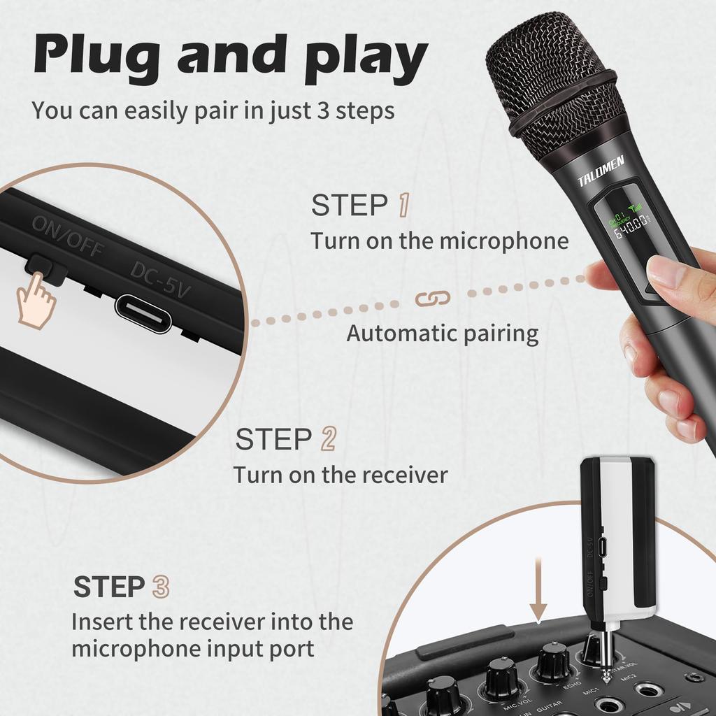 TALOMEN Wireless Karaoke Moving Coil Microphone with 50M 10 Hours of for Home and Parties K60-2 (JP-K60-2) Microphone, Microphone, 6.35mm Receiver,