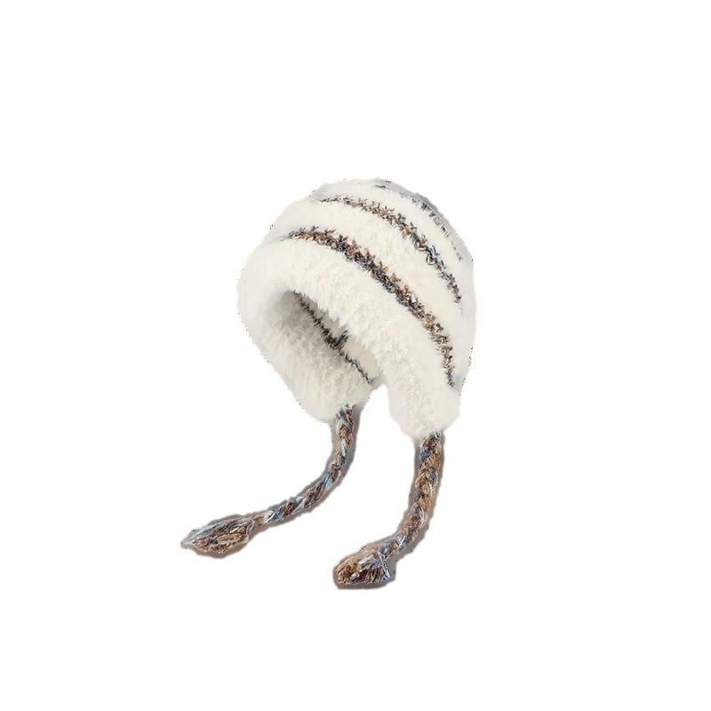 Autumn and Winter Plush Hat, Ear Protection, Headgear, Striped Color Matching Knitted Hat, Warm and Face-showing, Versatile Strap, Pullover Hat