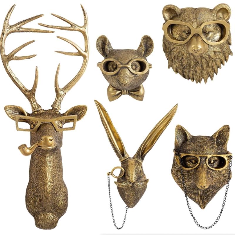 Djurhuvuden Väggdekor Resin Skulpturer Vägghängande Dekoration Imitation Vintage Väggskulptur för Vardagsrum Sovrum Kontor