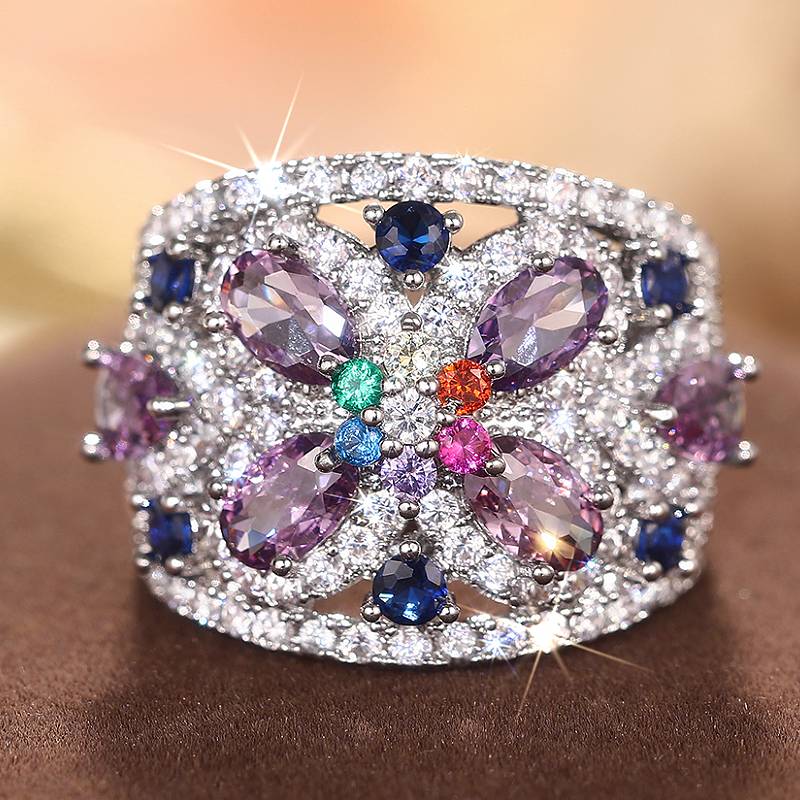 

Huitan Delicate Design Ring for Women Aesthetic Inlaid Multiple Colors Shiny CZ Wedding Finger Accessories Noble Party Zircon 9