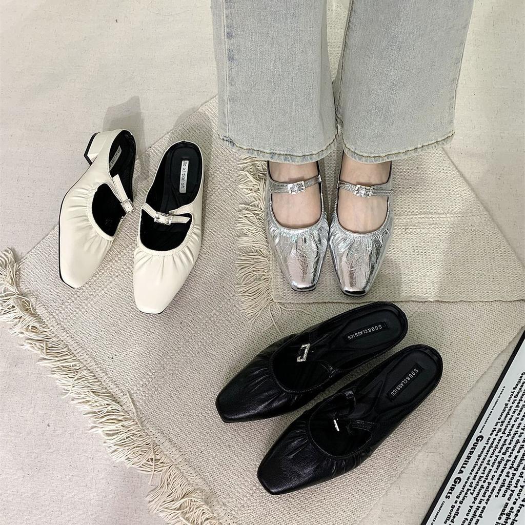 Coarse heel French half slippers silver bag head slippers women's shoes autumn and winter small fragrant Mary Jane single shoes new Chinese shoes