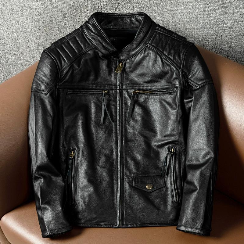 

Мужская мотоциклетная куртка из натуральной кожи, байкерское пальто, верхняя одежда из натуральной коровьей кожи 5XL чёрный