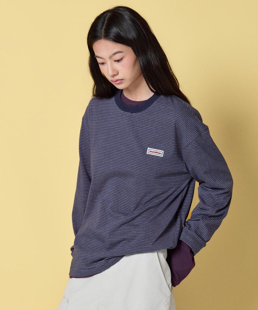 TOULN BRICK Tb-Semi-Crop Striped Long Sleeve Tee Bl (E6W10G3206)