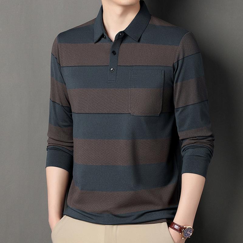 Men S Long Sleeve Striped Polo Shirt Pocketed Casual Top For Middle Aged