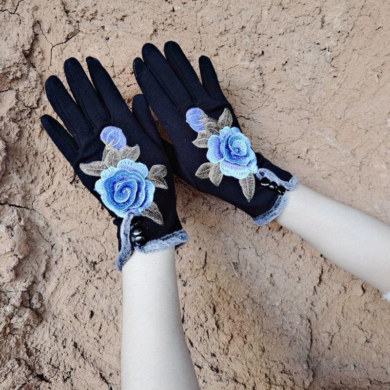 Ladies Gloves Fleece Lined Thermal Floral Embroidered Vintage Style Winter Warm black&blue