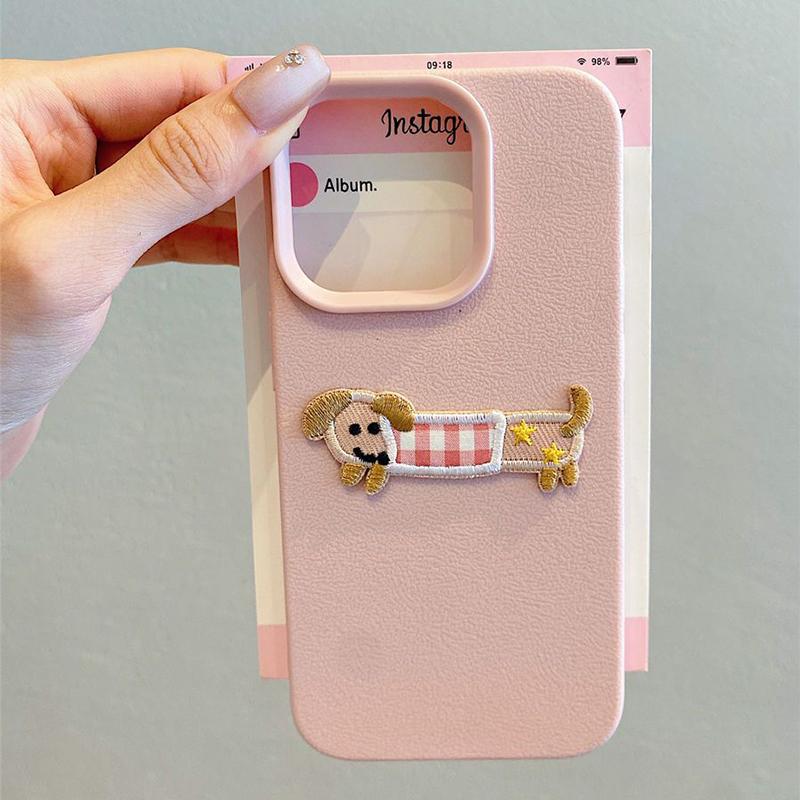 Korean Cute 3D Cartoon Embroidery Dog Lanyard Rope Phone Case For iPhone 17 16 15 14 13 11 12 Pro Max 16 Plus Funny Puppy Cover