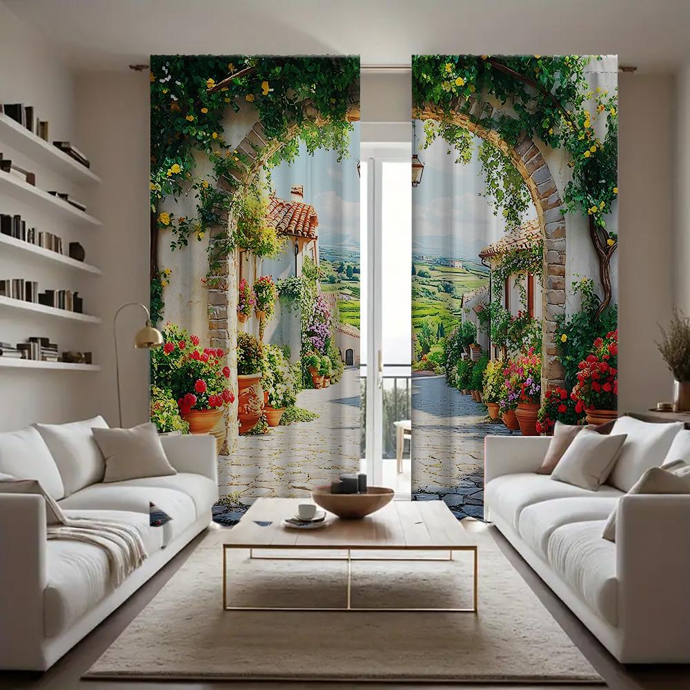 2 Stück Heim Nostalgische Landschaft Vorhänge Mit Landschaftshintergrund Und Stangentaschenvorhängen, Küche, Café, Wohnzimmer, Speck