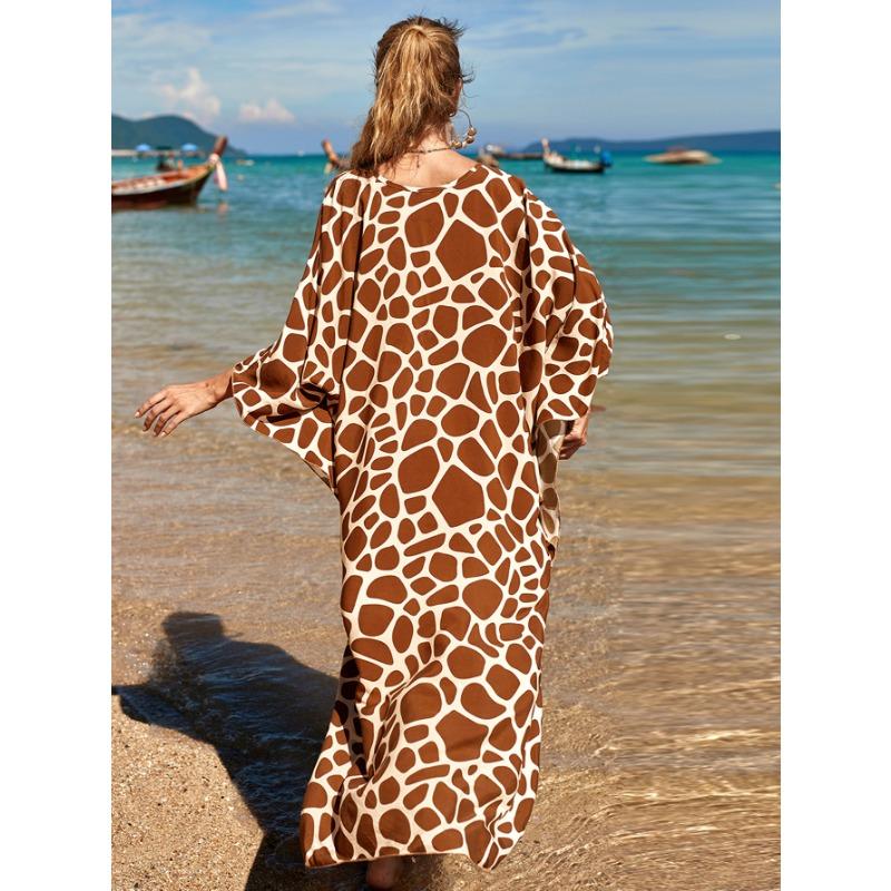 Women's Boho Cover Up, Plus Size Contrast Loose Fit Vacay Beach Kaftan Dress