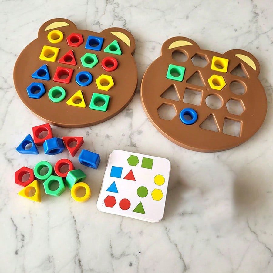 Shape Matching Game Color Sensory Educational Toy,New Children Puzzles Geometric Shape Quick Matching Board, Cute Bear Shaped Checkerboard (2 Players)