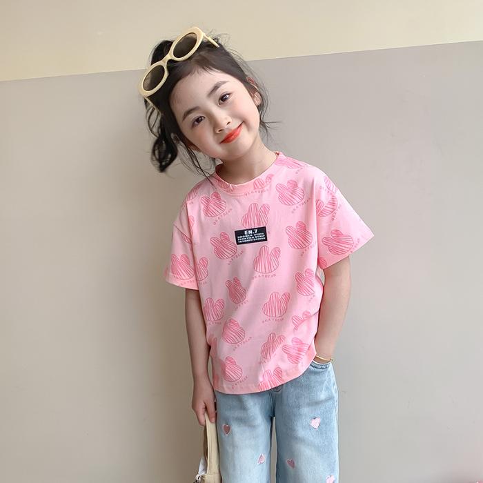Girls Summer Korean All Over Print Round Neck Short Sleeve T Shirt Trendy Top For Kids Medium Large 110