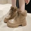 Fashion Leather Platform with Laces Booties Plush Round Toe Women's Snow Boots Waterproof Ladies Shoes Work Chic and Elegant Footwear