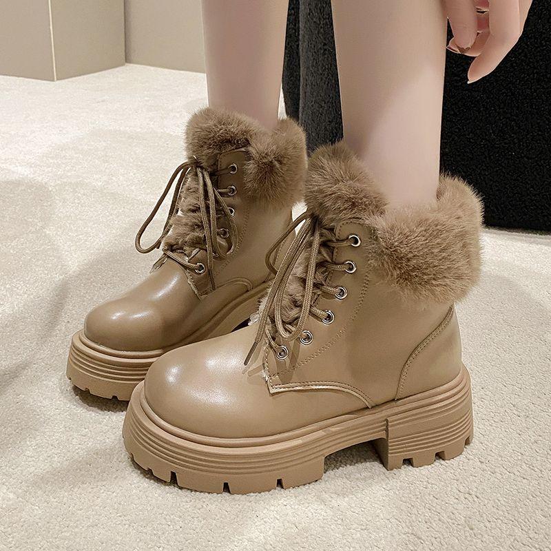 Fashion Leather Platform with Laces Booties Plush Round Toe Women's Snow Boots Waterproof Ladies Shoes Work Chic and Elegant Footwear