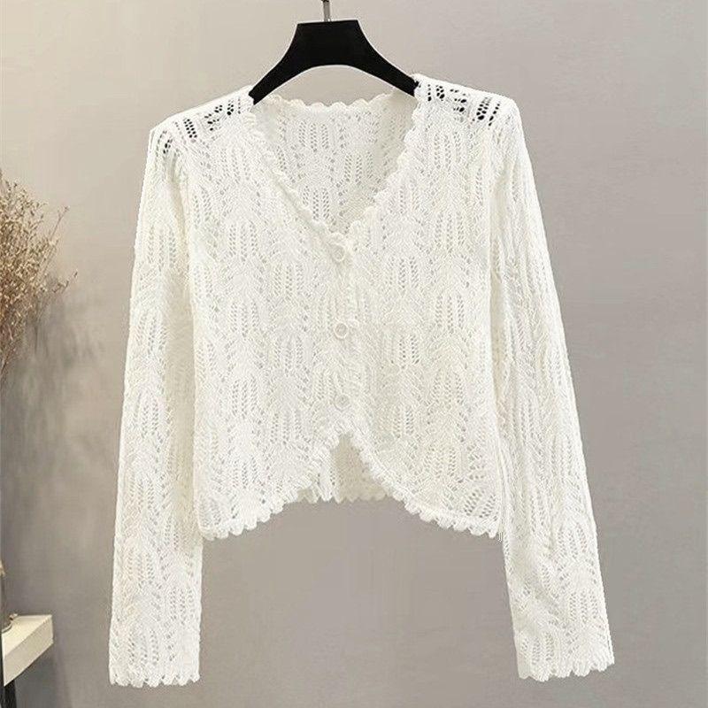 

Летний женский тонкий трикотажный свитер с длинным рукавом, короткая солнцезащитная куртка, вязаный крючком кардиган с вырезом L белый