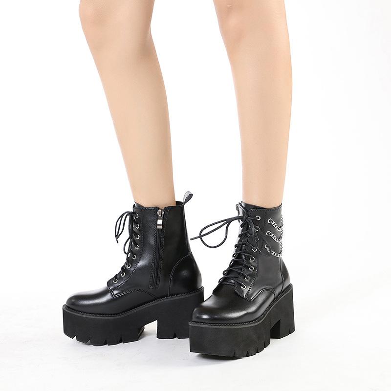 

Autumn and Winter Martin Boots Pearl Chain Thick Bottom Side Zipper Women s Boots Front Lace Up Knight Boots Women s 43 чорний