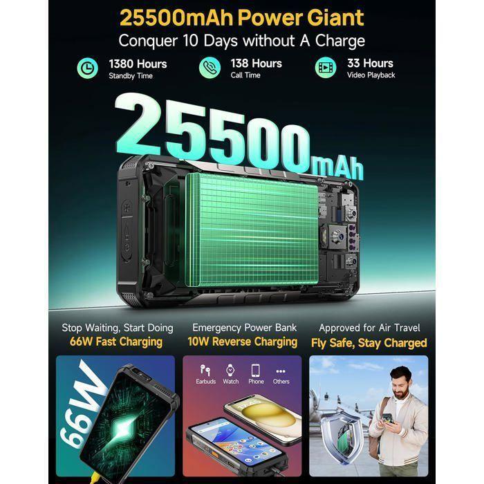 Ulefone Armor 34 Pro Téléphone Portable Incassable 5G 32Go+512Go 6.95" FHD+ 25500mAh/66W 64MP Smartphone Robuste Avec Projecteur