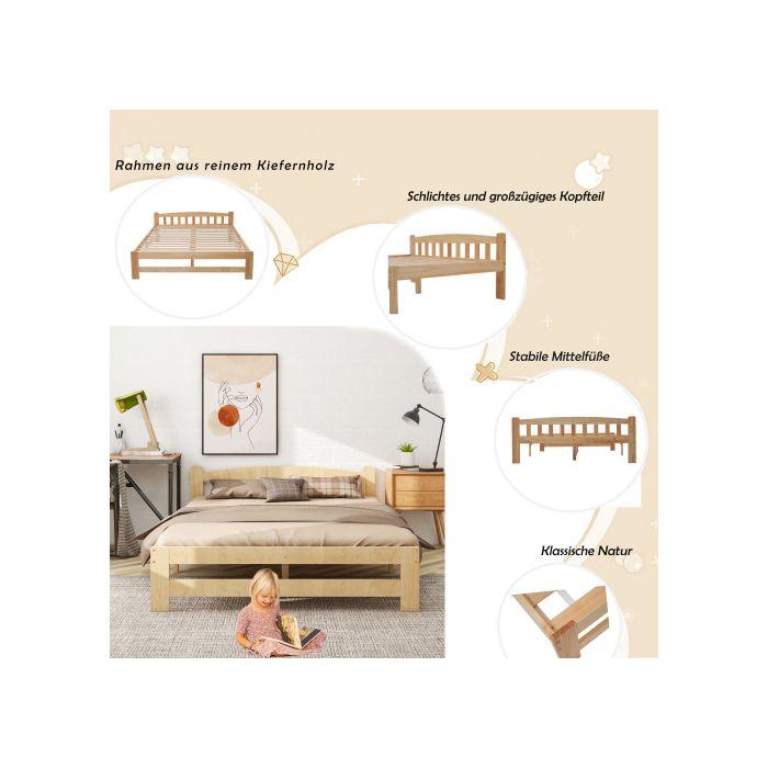 Lit double - MUVOE - Nature - 140x200 cm - Bois massif naturel - Élégance classique