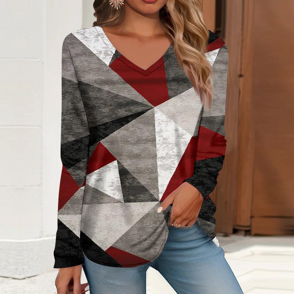 Women's T Shirt Tee Print Long Sleeve Daily Weekend Daily Basic V Neck Regular  Fall Winter Tops