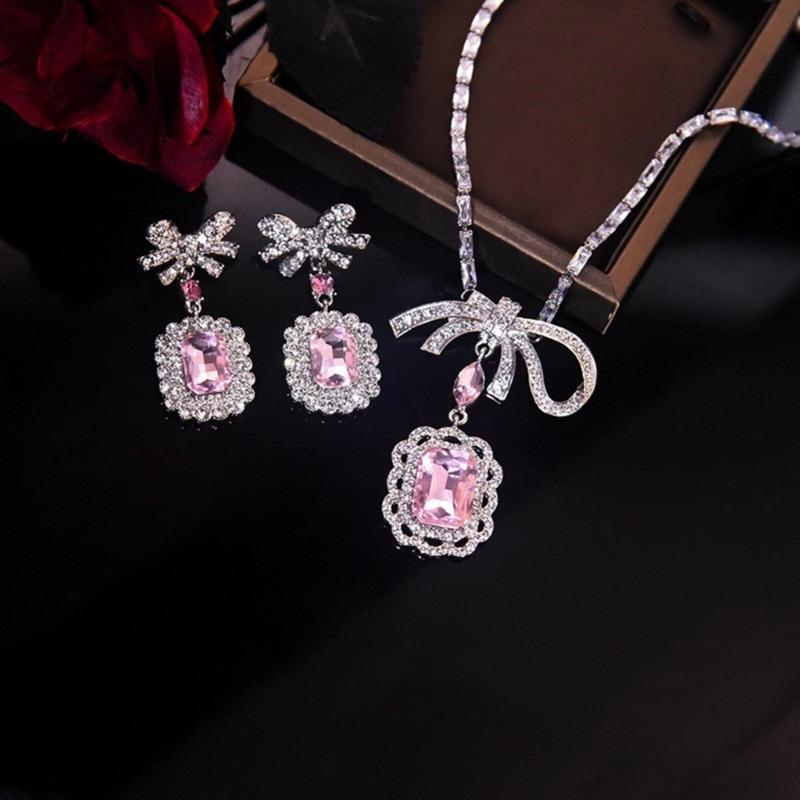 Elegant Square Crystal Pendant Necklace/Earring Chic Bowknot Jewelry Accessories Perfect for Daily Wear and Parties