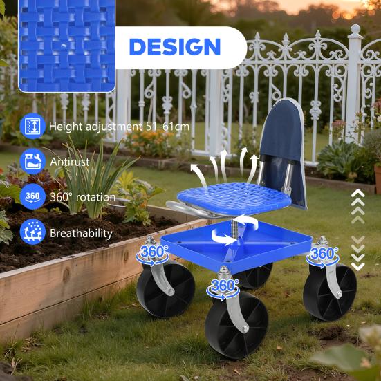 Gardening Work Seat Rolling Seat Height Adjustable Garden with Wheels Heavy Duty Tool Cart Storage Tray for Seniors Yard Patio Work 330