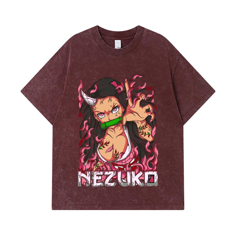 275 GSM Washed T-shirts 100% Cotton Demon Slayer V73 Nezuko Print Unisex Heavy Cotton T Shirt
