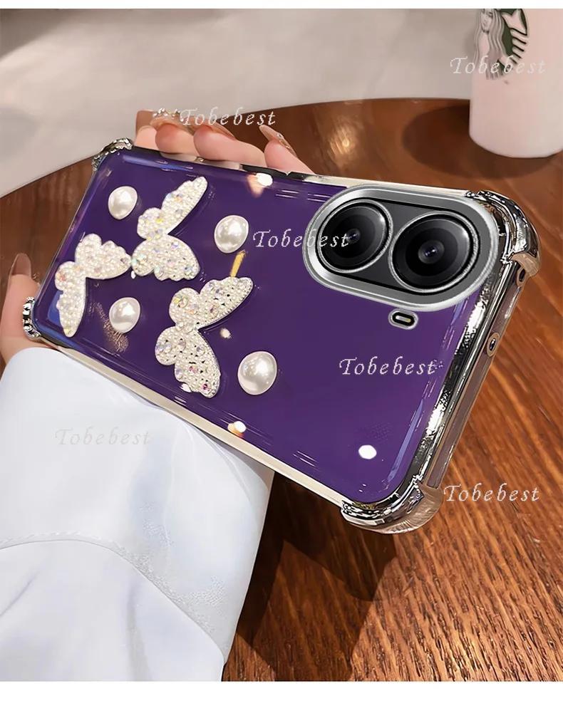 3D Perlen Schmetterling Stoßfestes Beschichtetes Silikonhülle für Xiaomi Redmi Turbo 4 3 Pro A5 A3 A1 Klare Transparente Rückseite