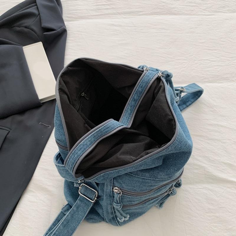 Vintage Denim Tote Bag Multi-Pocket Commuter Shoulder Crossbody Bag