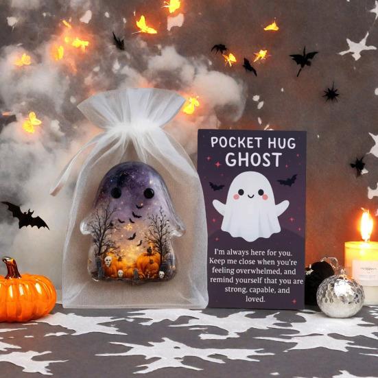 1/2/4/5Pcs Pocket Hug Ghost with Positive Card Emotional Support Ghost Token Mini Halloween Cartoon Ghost Statue Inspirational Gift