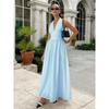 Women's Halter V Neck Sleeveless Maxi Dress Loose Fit Mid Waist Elegant Solid Color A-Line Sundress
