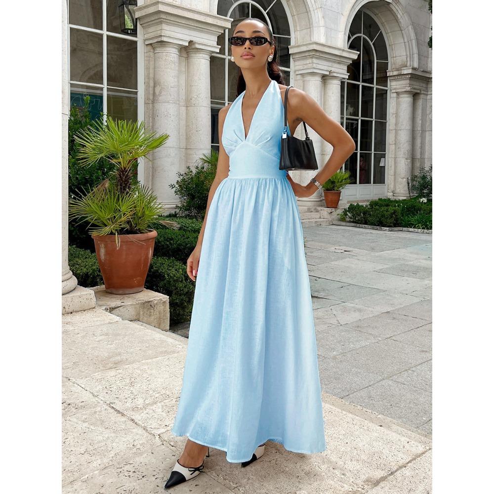 Women's Halter V Neck Sleeveless Maxi Dress Loose Fit Mid Waist Elegant Solid Color A-Line Sundress