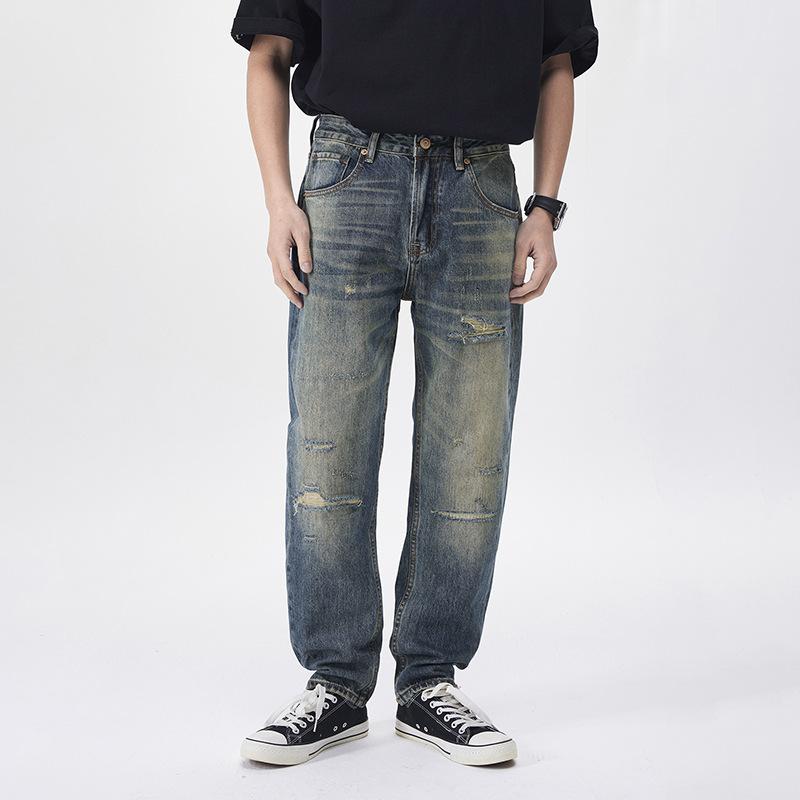 Daddy Jeans Men's Washed Heavy Industry Patch Denim Trendy Brand American Retro Loose Straight Casual Pants Ripped Pants
