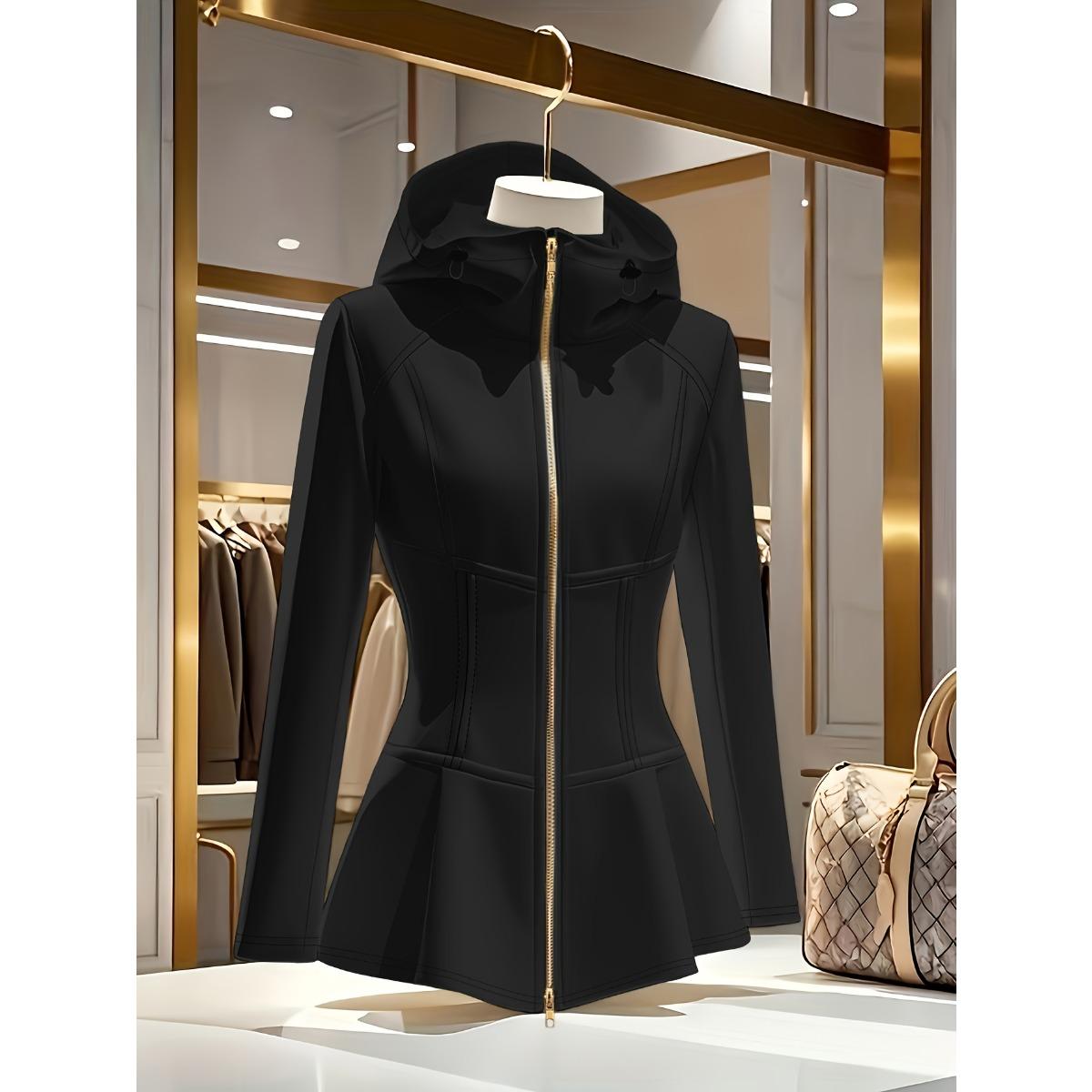 

Женская элегантная белая куртка с капюшоном и воротником-стойкой - Эластичная куртка средней плотности, расклешенная юбка, дизайн с золотой молнией, прочная застежка-молния XXL чёрный