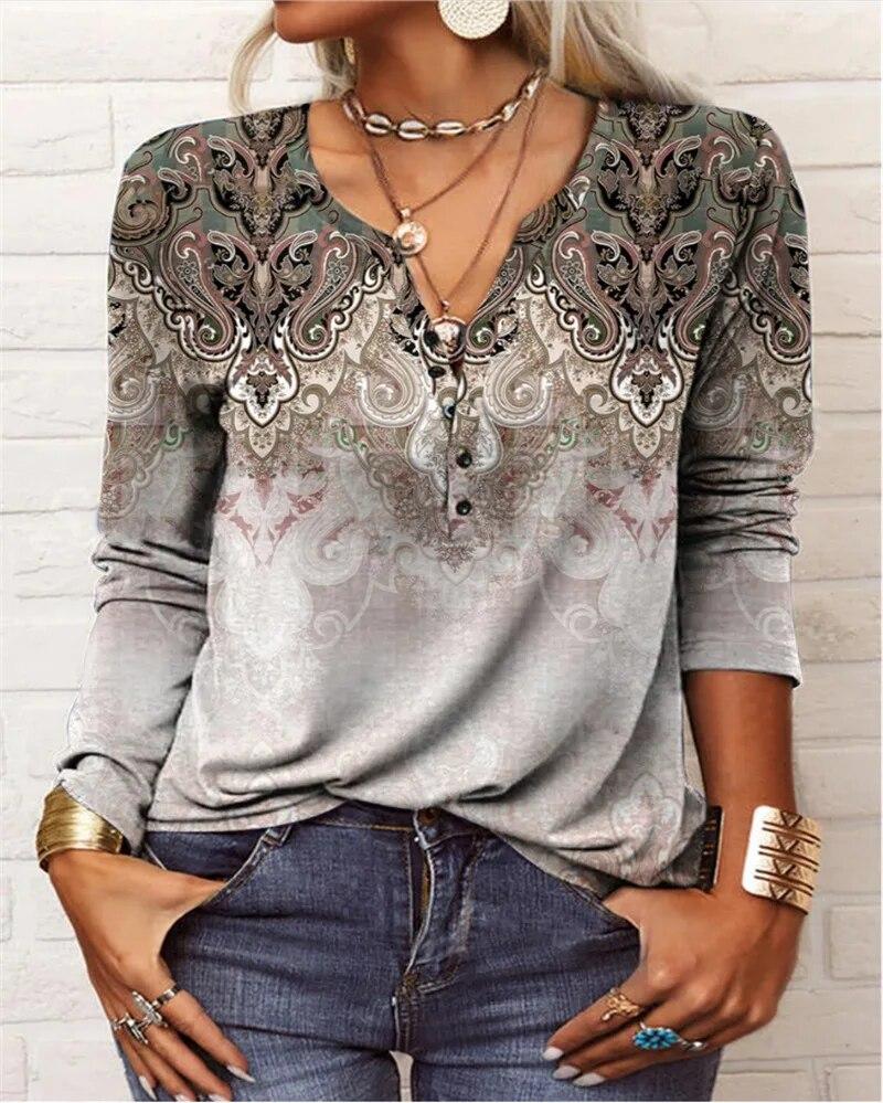 2024 Autumn/Winter Loose and Comfortable Mini Women's Long Sleeve Printed V-neck Fashion T-shirt Women Long Sleeve Top