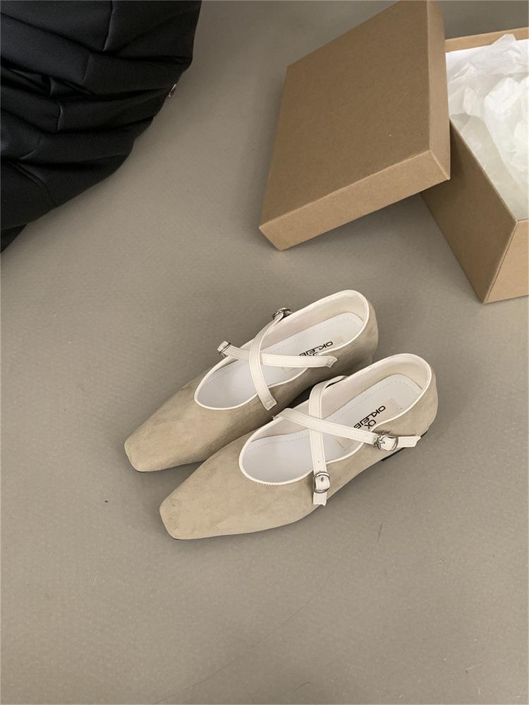 Cross-strap Mary Jane shoes women's 2025 autumn new small square head thick heel suede soft sole single shoes ballet shoes