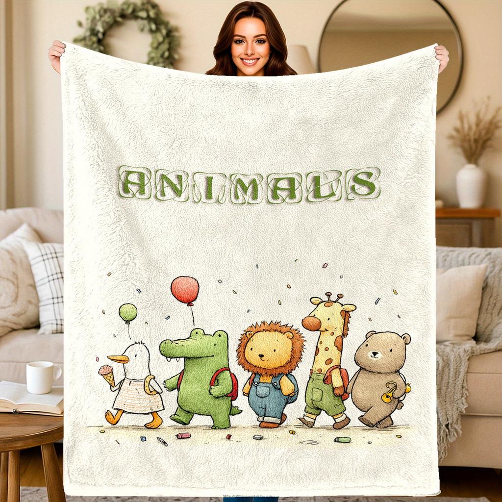 Cartoon animal parade pattern Flannel printed blanket suitable for all seasons suitable for living room office sofa and travel
