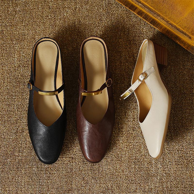 Fashion New Summer Slippers Summer Shoes Round Toe Mules Low Heels Sandals for Women Handmade Genuine Leather Sandals Ladies Shoes