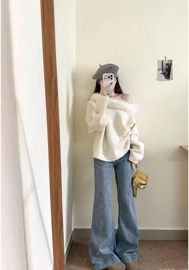 Elegant Long-Sleeve Ribbed Knit Sweater - Retro, Loose-Fit for Autumn/Winter