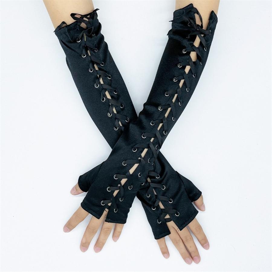 Guantes Largos Góticos con Cordones y Sin Dedos para Mujer, Calentadores de Brazo de Satén Negro para Cosplay, Fiesta, Halloween
