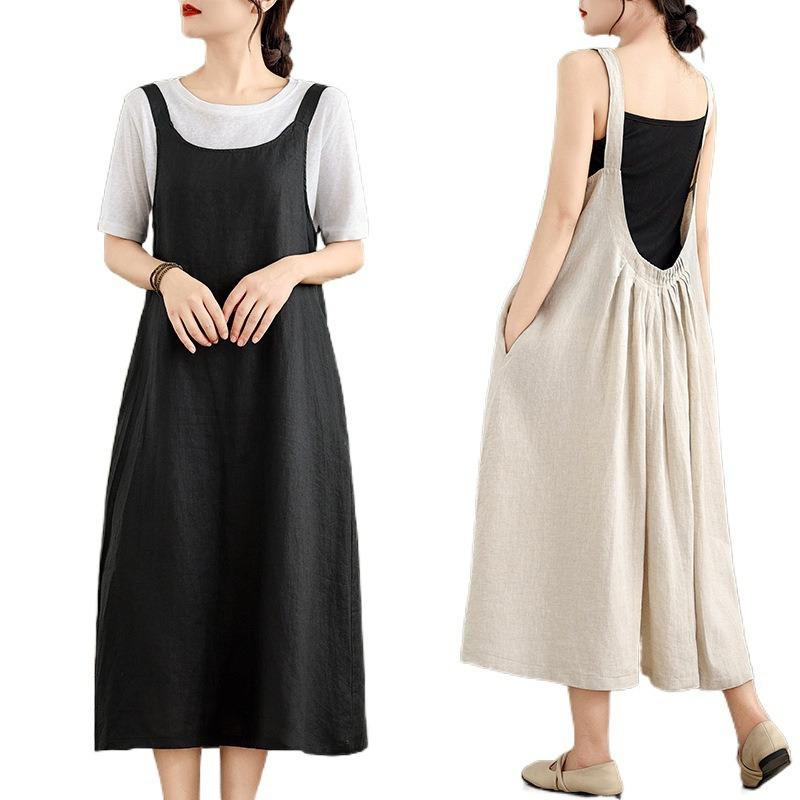Real shot summer new cotton and linen literary and retro loose sleeveless strap dress women