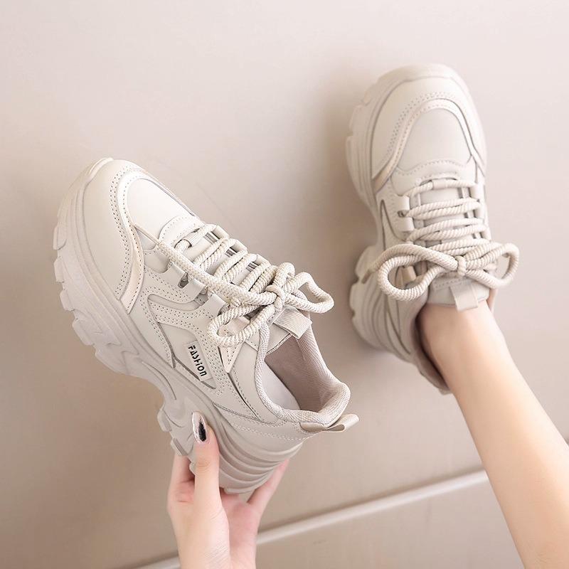 Platform Dad Shoes Women's Spring and Autumn New Leather Waterproof Sports Casual Shoes Dad Shoes