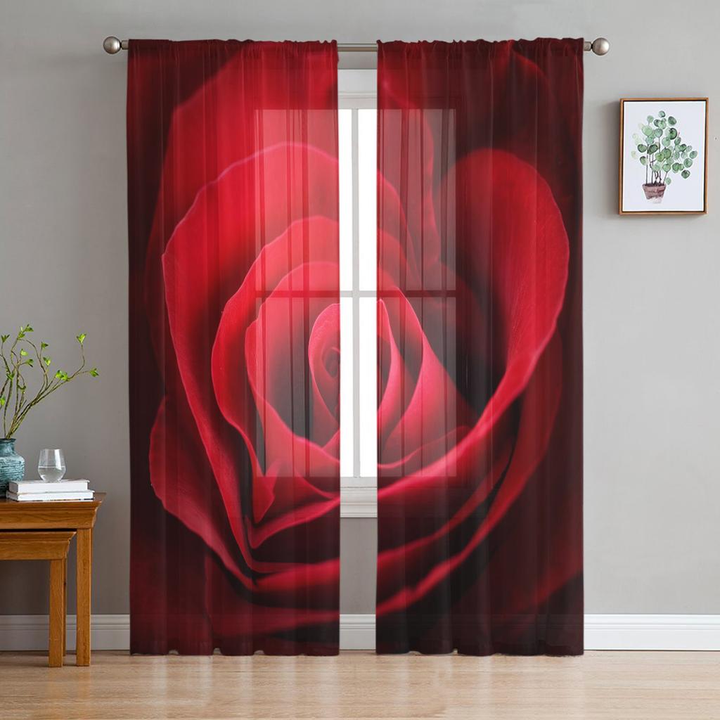 Rote Rose Blume Grünes Blatt Pflanze Schöne Transparente Vorhänge für Wohnzimmer Schlafzimmer Dekoration Fenster Voiles Morgentüllvorhang