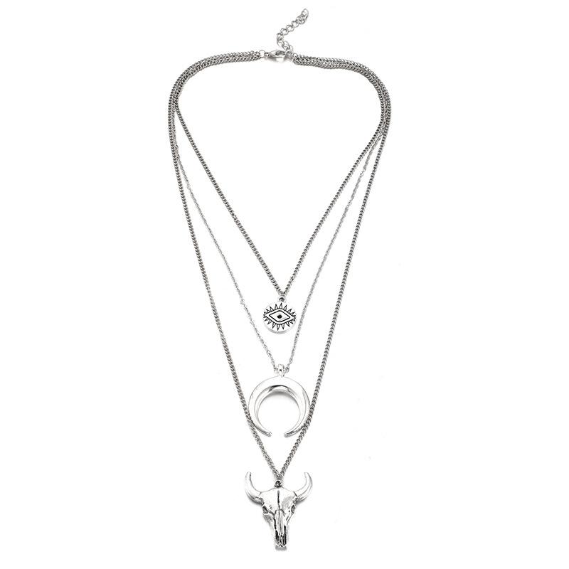 Stylish Simple Alloy Bull's Head Geometric Disc Eye Horn Multi-layer Necklace