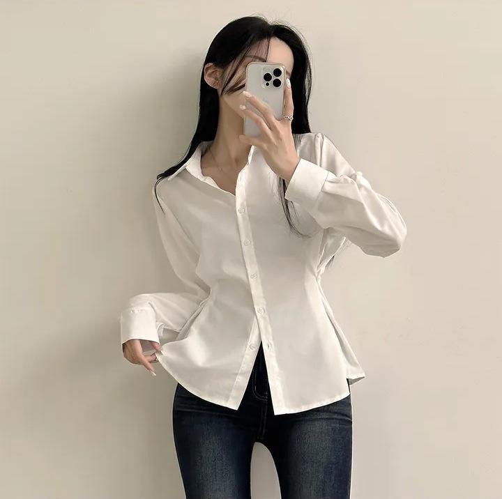 Cămașă minimalistă coreeană cu culoare uni, cu talie legată, pentru slăbit, cu mâneci lungi, pentru femei