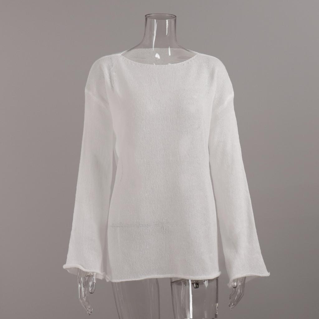 Hollow Knitted Shirt Spring/Summer Perspective Thin Large Round Neck Trumpet Sleeve Knitted T-shirt