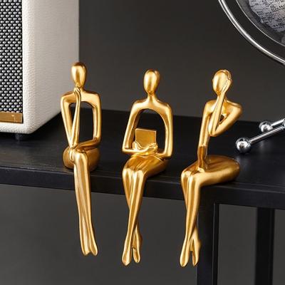 Resin Human Body Art Ornament Abstract Design Golden Finish Figure Statue Thinking Reading Man Desktop Ornament Home Decor