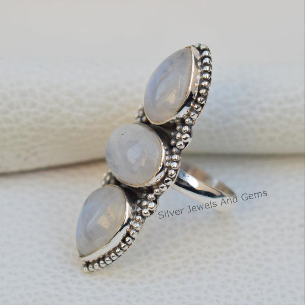 Natural Moonstone Ring, Wedding Ring, 925 Sterling Silver Ring, Oval Teardrop Multi Stone Ring, Blue Fire Moonstone Ring