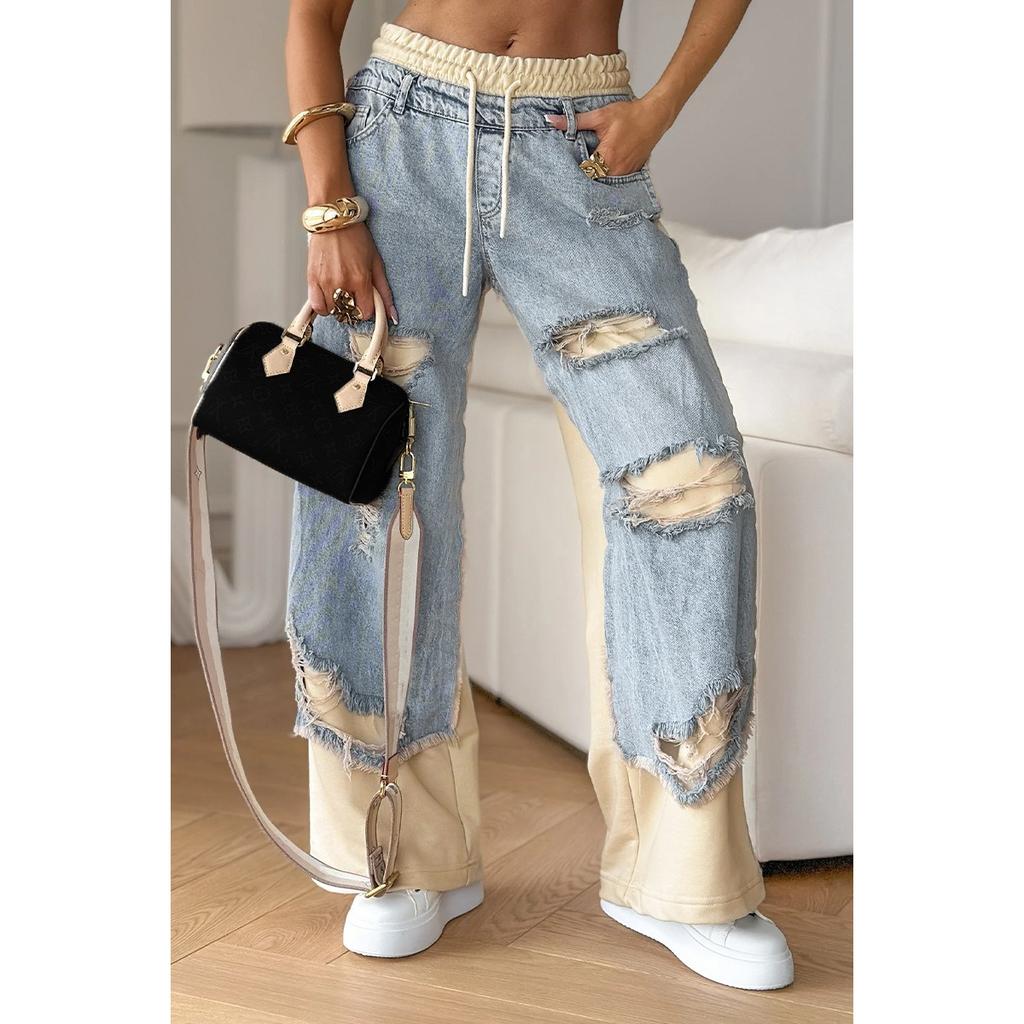 Ladies' High Waist Straight Leg Jeans - Street Style Sewing and Tearing Jeans, Regular Style Elegant Fashion Set, High Waist Jeans